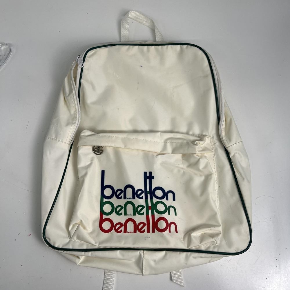Vintage 1990's Benetton White 17" Vinyl Backpack Straps Retro Logo